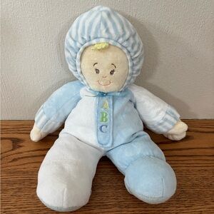 BABY GANZ Blue White Plush Baby Doll Velour ABC Stripes Rattle Inside VTG